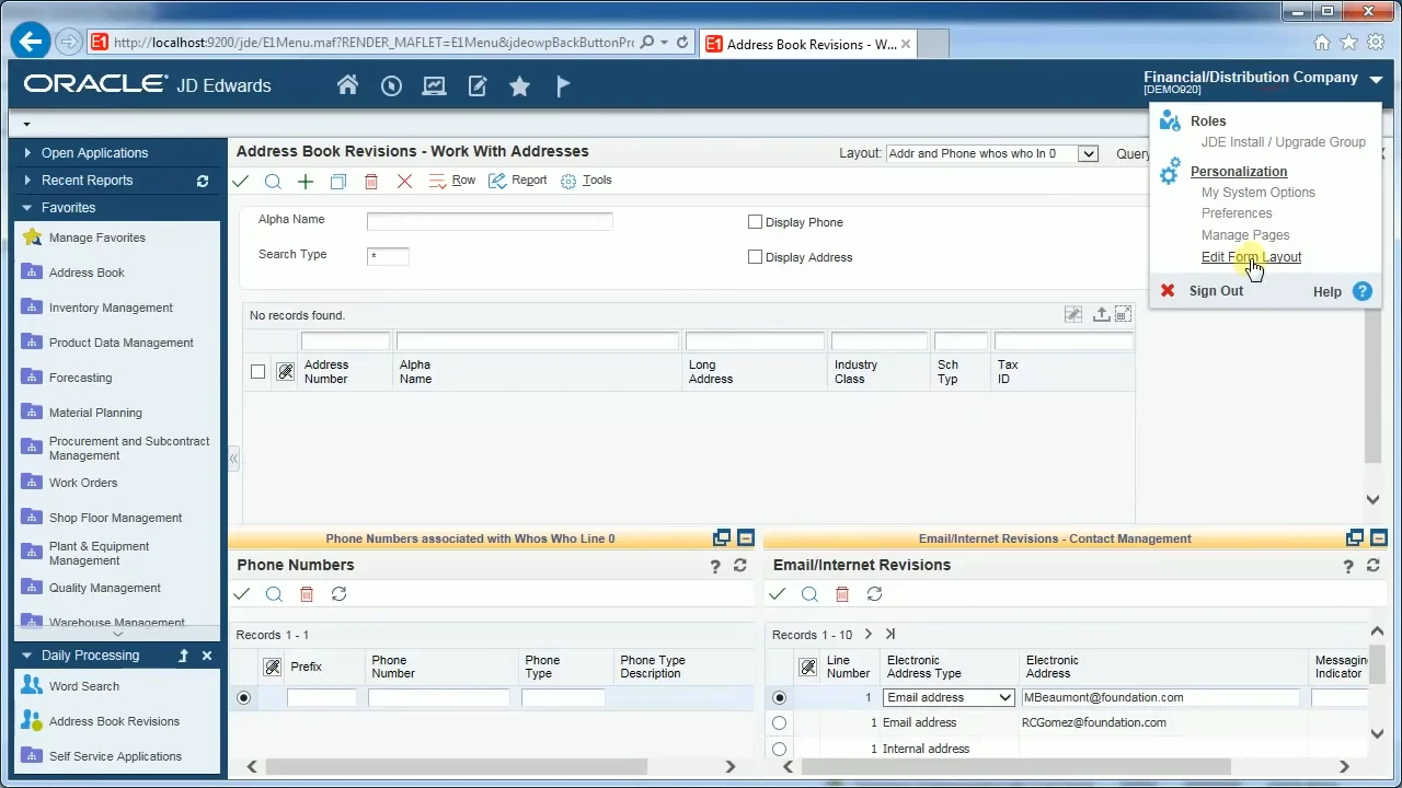 screenshot of JD Edwards EnterpriseOne